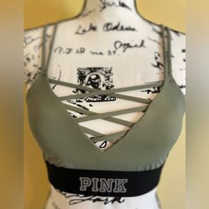 PINK Lace-Up Strappy Sports Bra Olive / Army Green with Logo S